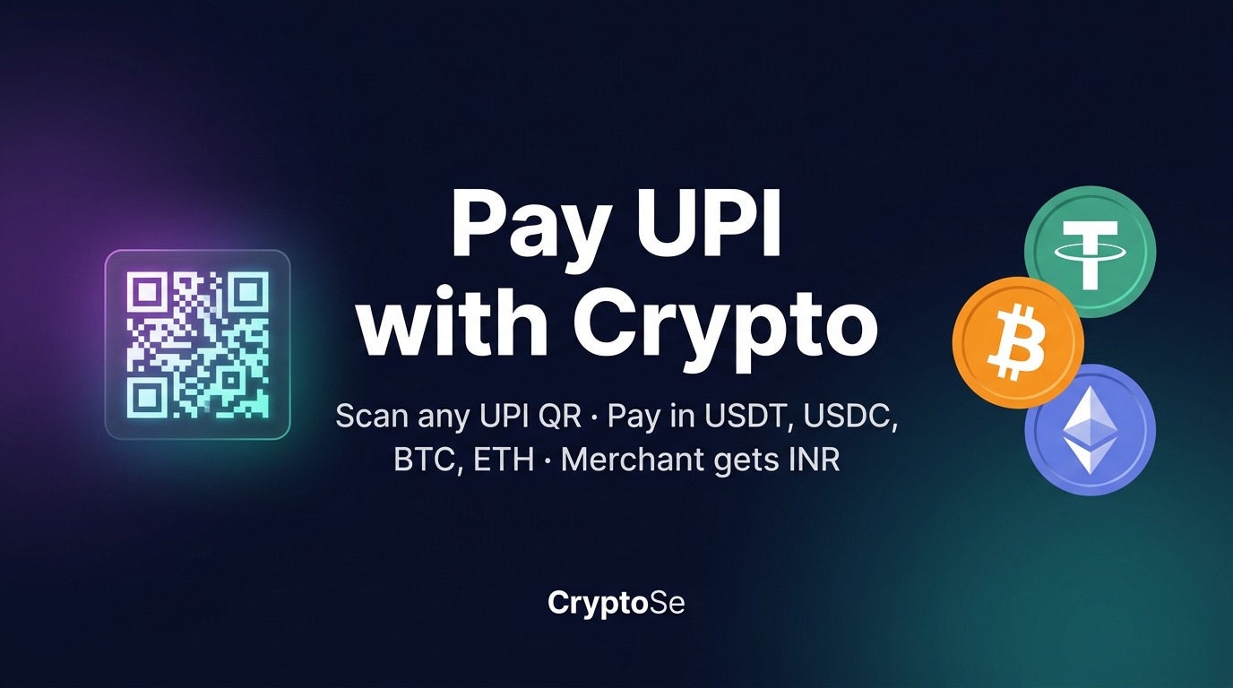 CryptoSe app screenshot — scan a UPI QR code and pay with USDT, BTC, ETH or USDC from a non-custodial wallet, merchant receives INR promptly